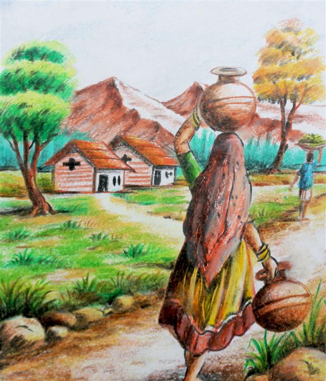 How To Draw A Village Scenery With Human Figure